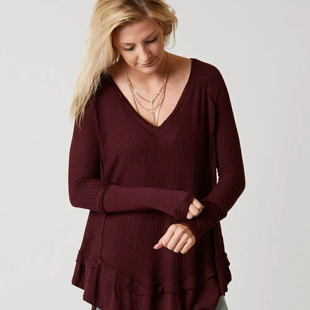 FREE PEOPLE Maroon Burgundy Thermal Waffle Laguna Top